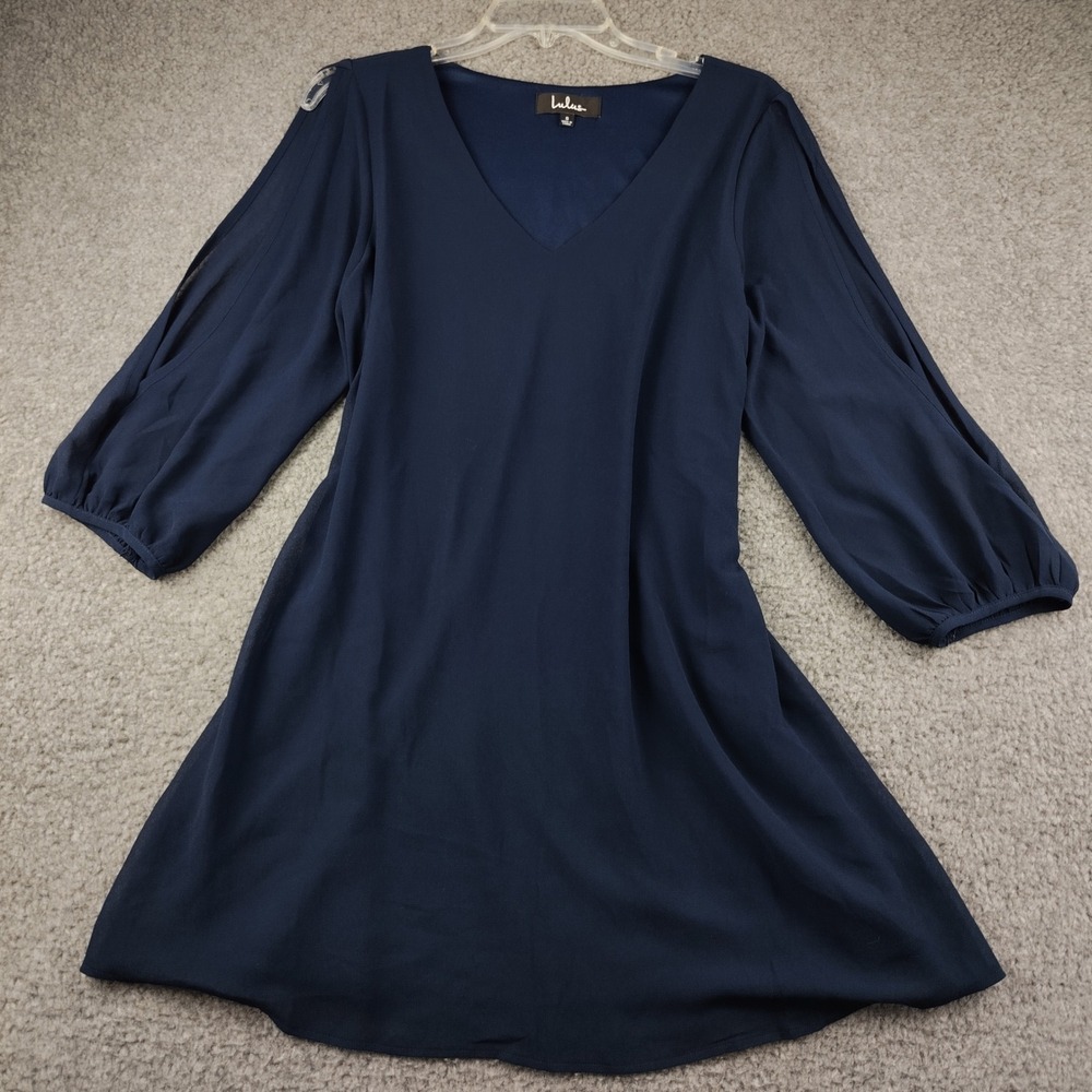 Lulus Navy Blue Cold Shoulder Slit Sleeve V-Neck Shift Mini Dress Small